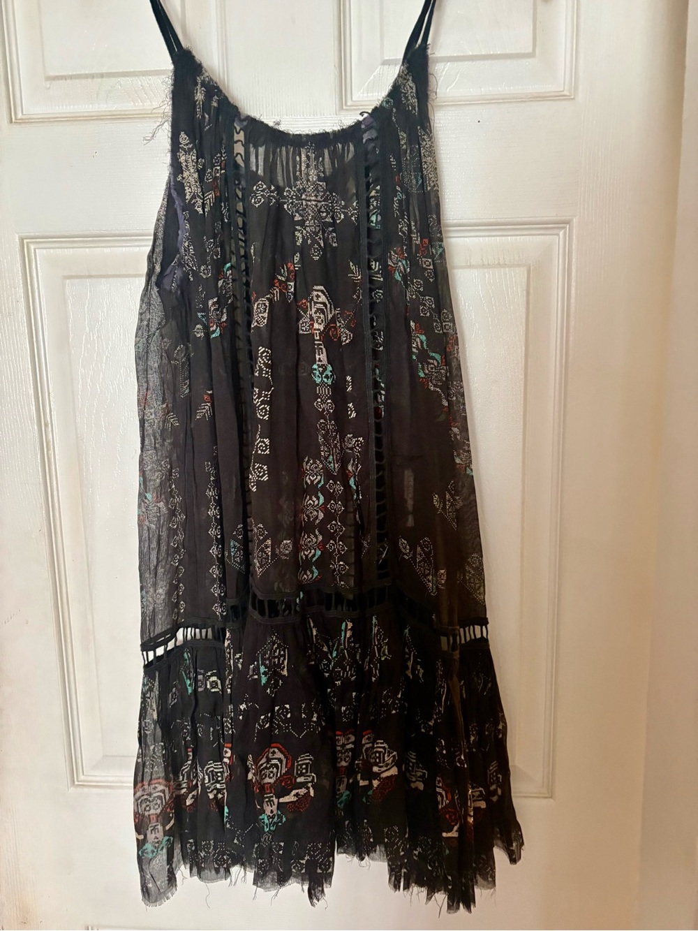 Free People Boho Black Printed Maxi Skirt with Tiered Lace Trim